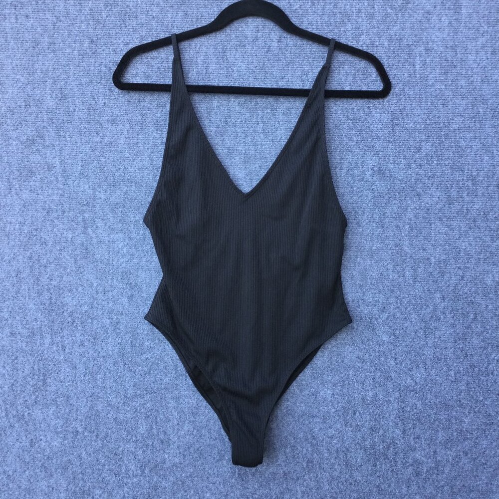Forever 21 One Piece Swimsuit Black High Cut Leg Low Vneck Cheeky Ribbed Medium